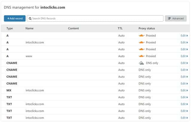 Screenshot of Cloudflare DNS management