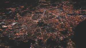 Lighted city at night, aerial photo
