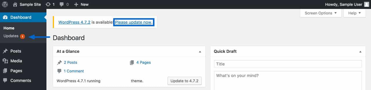 WordPress Dashboard showing the new version available and update link