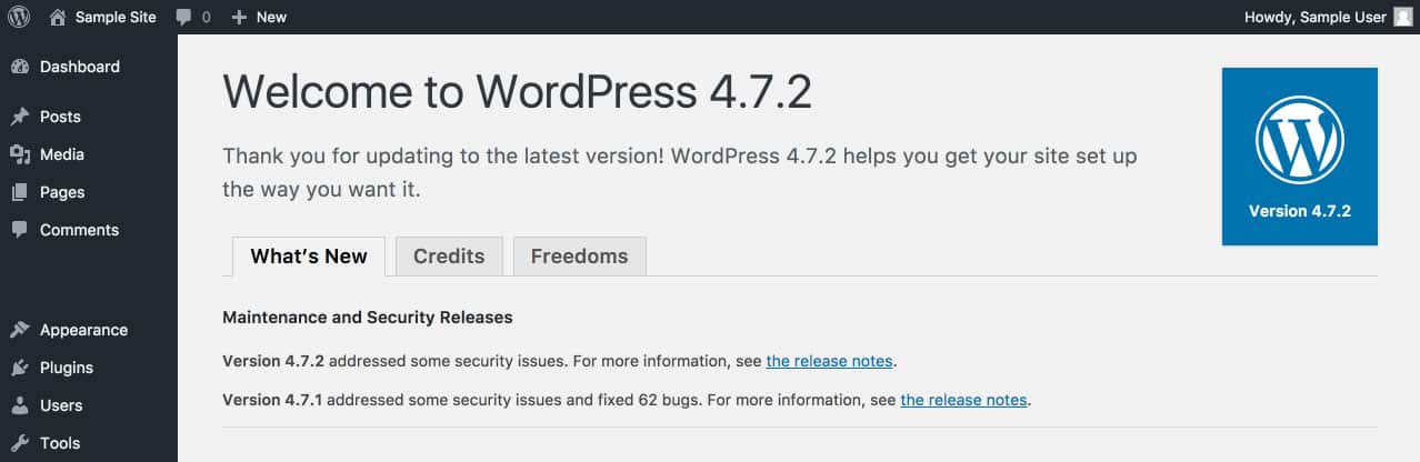 Welcome screen showing a successful WordPress update with changelog